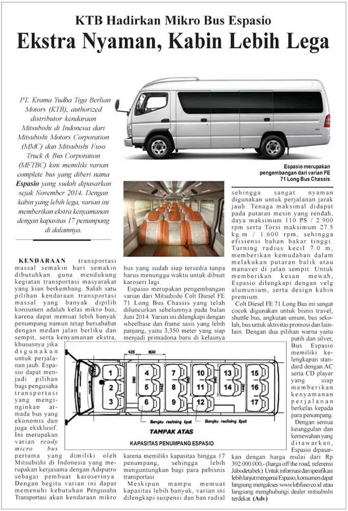 KTB Hadirkan Mikro Bus Espasio Ekstra Nyaman, Kabin Lebih Lega
